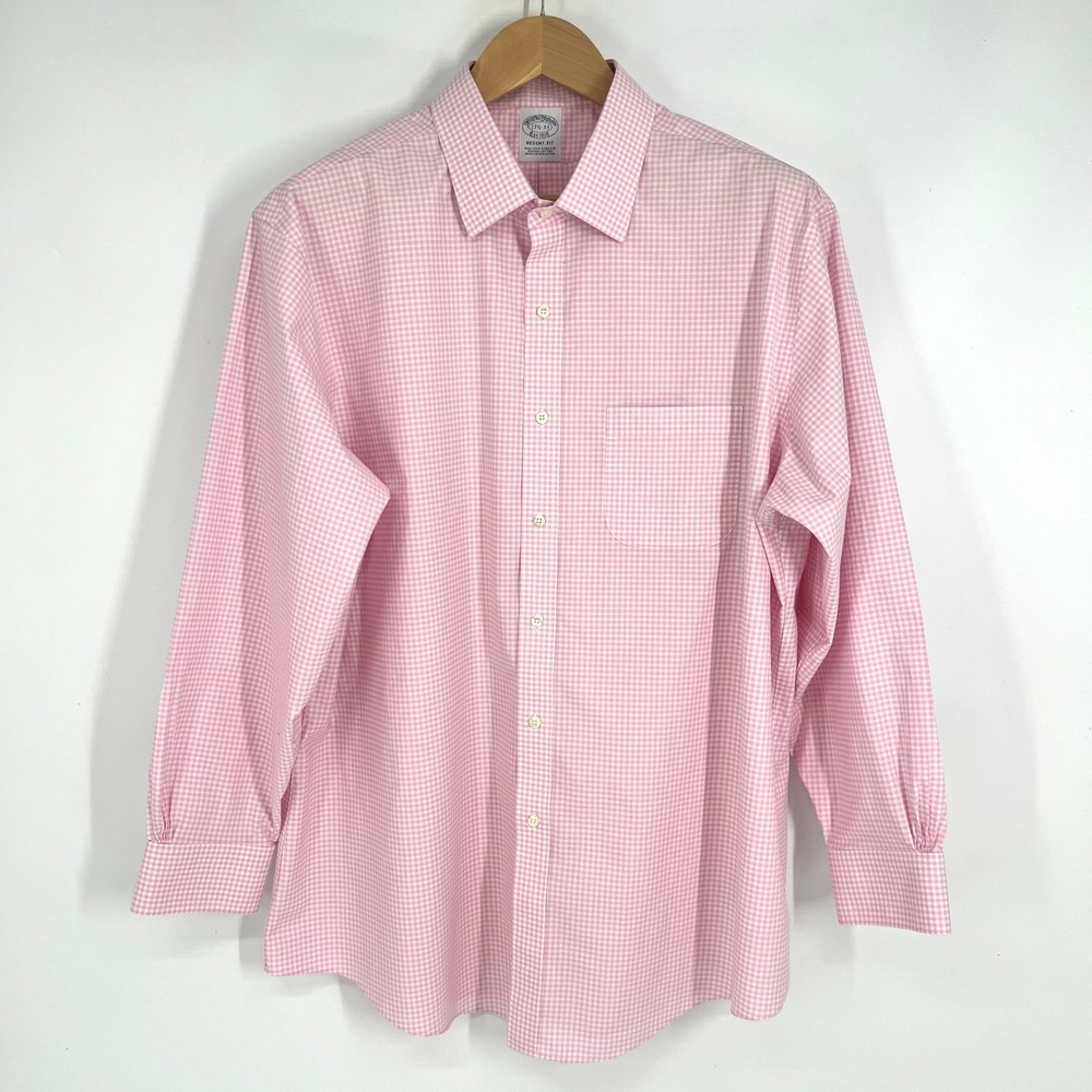 Brooks Brothers Regent Fit Pink Gingham Non Iron Supima Dress Shirt 17 1/2‎ 33